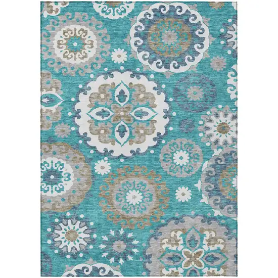 Teal Blue Taupe And Gray Floral Medallion Washable Indoor Outdoor Area Rug Photo 2