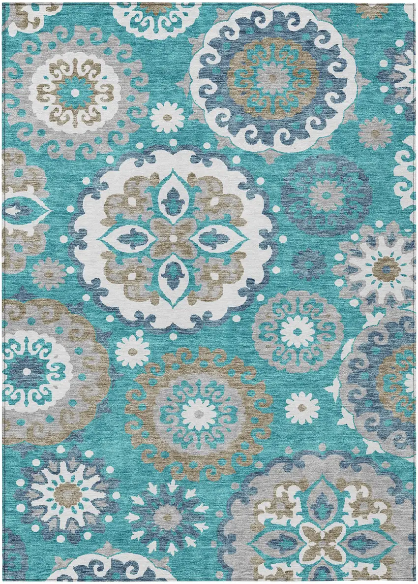 Teal Blue Taupe And Gray Floral Medallion Washable Indoor Outdoor Area Rug Photo 2