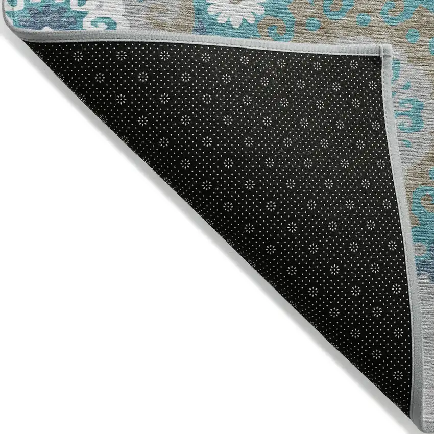 Teal Blue Taupe And Gray Floral Medallion Washable Indoor Outdoor Area Rug Photo 3
