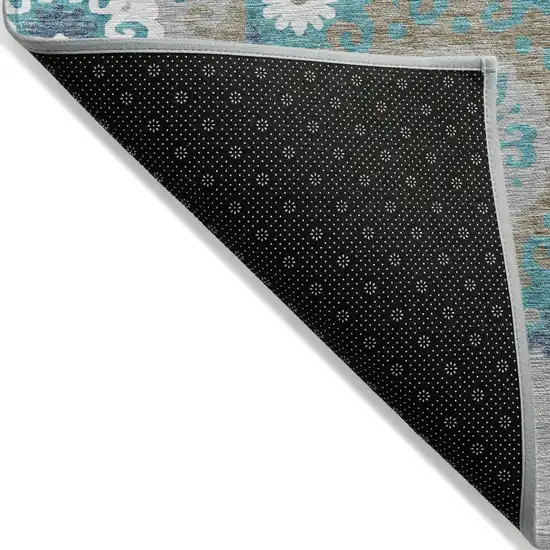 Teal Blue Taupe And Gray Floral Medallion Washable Indoor Outdoor Area Rug Photo 3