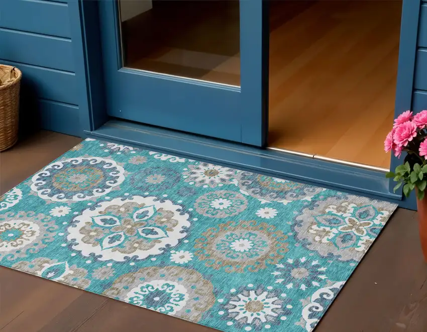 Teal Blue Taupe And Gray Floral Medallion Washable Indoor Outdoor Area Rug Photo 1