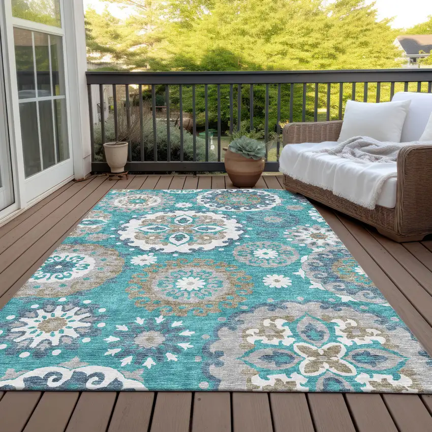 Teal Blue Taupe And Gray Floral Medallion Washable Indoor Outdoor Area Rug Photo 8