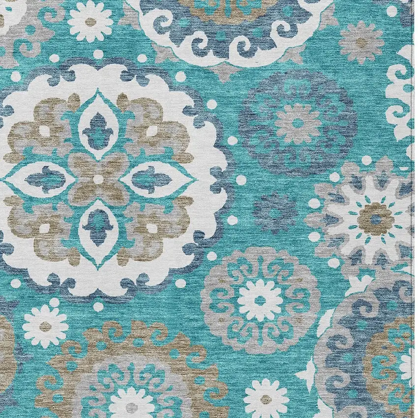 Teal Blue Taupe And Gray Floral Medallion Washable Indoor Outdoor Area Rug Photo 4