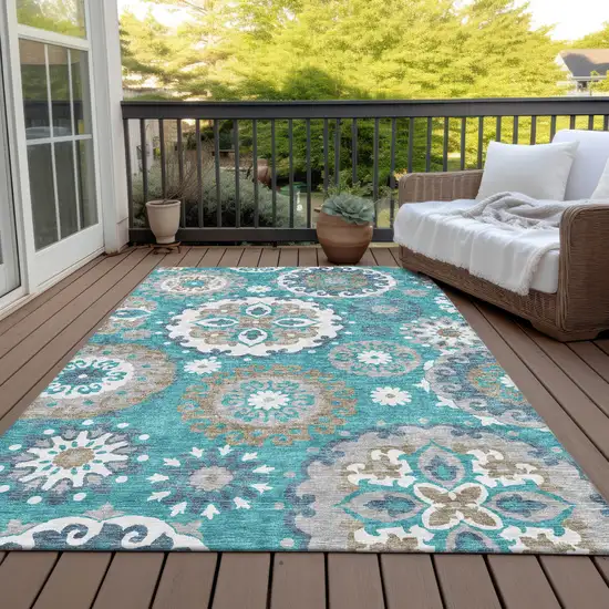 Teal Blue Taupe And Gray Floral Medallion Washable Indoor Outdoor Area Rug Photo 7