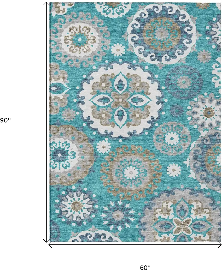 Teal Blue Taupe And Gray Floral Medallion Washable Indoor Outdoor Area Rug Photo 3