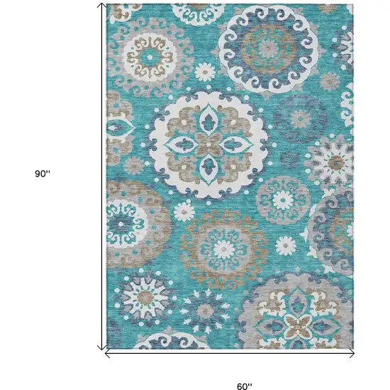 Teal Blue Taupe And Gray Floral Medallion Washable Indoor Outdoor Area Rug Photo 3