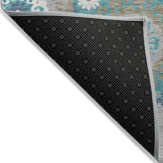 Teal Blue Taupe And Gray Floral Medallion Washable Indoor Outdoor Area Rug Photo 2