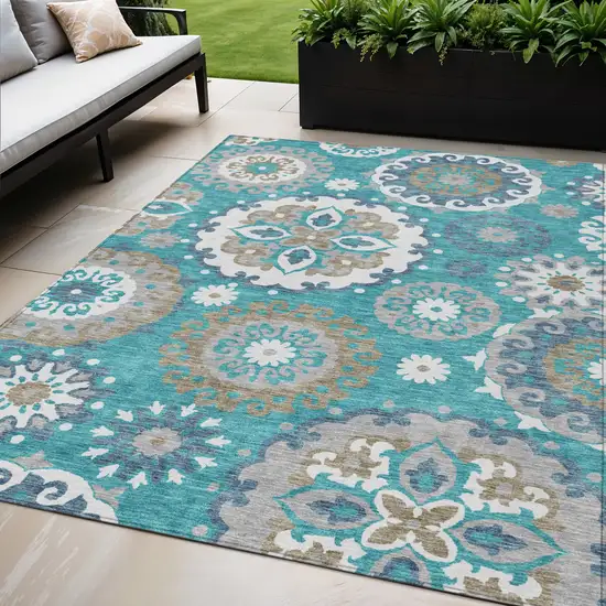 Teal Blue Taupe And Gray Floral Medallion Washable Indoor Outdoor Area Rug Photo 1