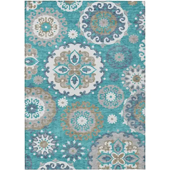 Teal Blue Taupe And Gray Floral Medallion Washable Indoor Outdoor Area Rug Photo 1