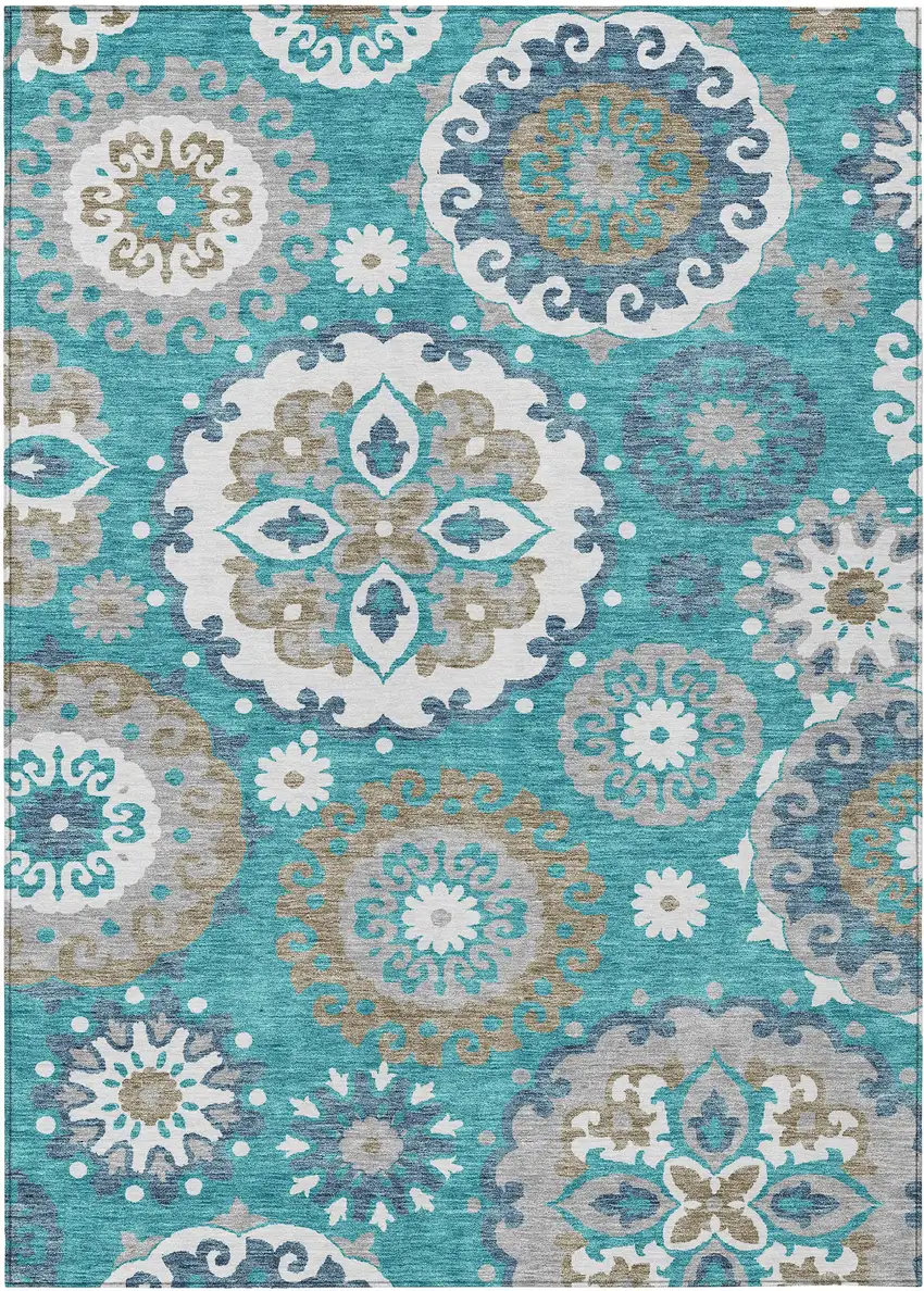 Teal Blue Taupe And Gray Floral Medallion Washable Indoor Outdoor Area Rug Photo 1