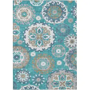 Photo of Teal Blue Taupe And Gray Floral Medallion Washable Indoor Outdoor Area Rug