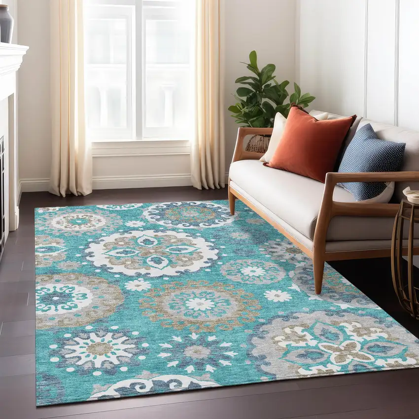 Teal Blue Taupe And Gray Floral Medallion Washable Indoor Outdoor Area Rug Photo 8