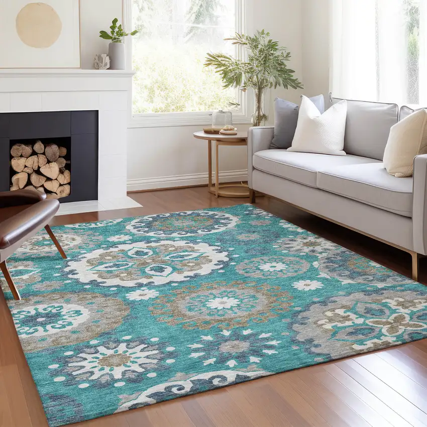 Teal Blue Taupe And Gray Floral Medallion Washable Indoor Outdoor Area Rug Photo 7