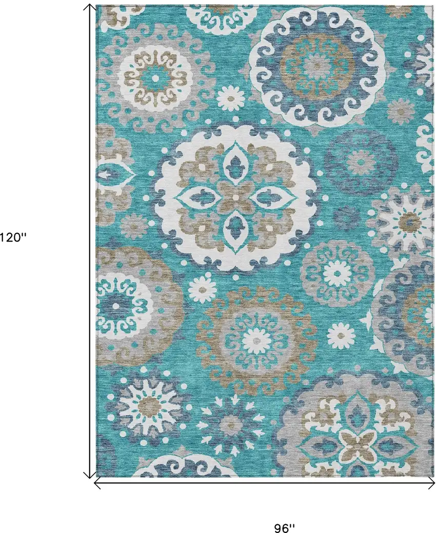 Teal Blue Taupe And Gray Floral Medallion Washable Indoor Outdoor Area Rug Photo 3
