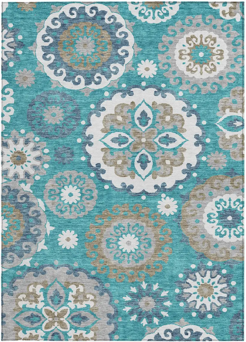 Teal Blue Taupe And Gray Floral Medallion Washable Indoor Outdoor Area Rug Photo 5