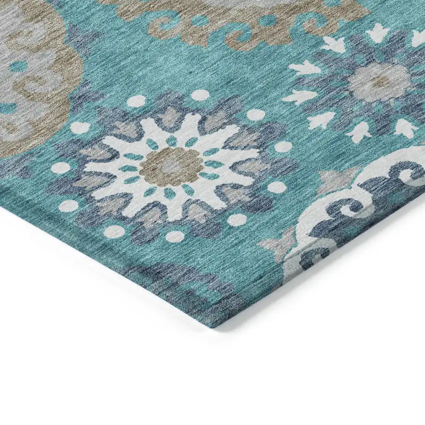 Teal Blue Taupe And Gray Floral Medallion Washable Indoor Outdoor Area Rug Photo 3