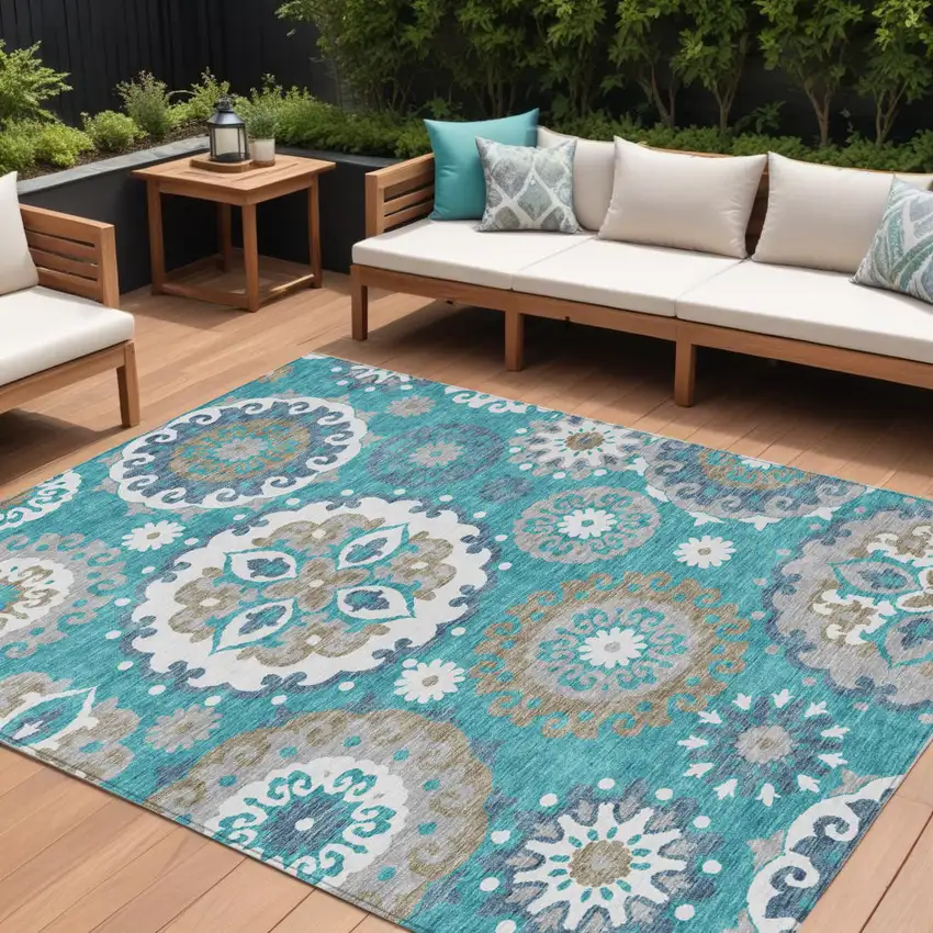 Teal Blue Taupe And Gray Floral Medallion Washable Indoor Outdoor Area Rug Photo 1