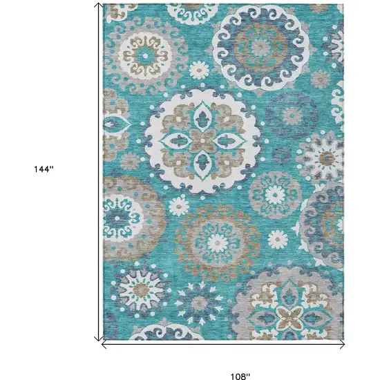 Teal Blue Taupe And Gray Floral Medallion Washable Indoor Outdoor Area Rug Photo 3