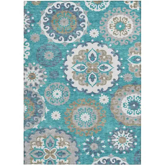 Teal Blue Taupe And Gray Floral Medallion Washable Indoor Outdoor Area Rug Photo 6