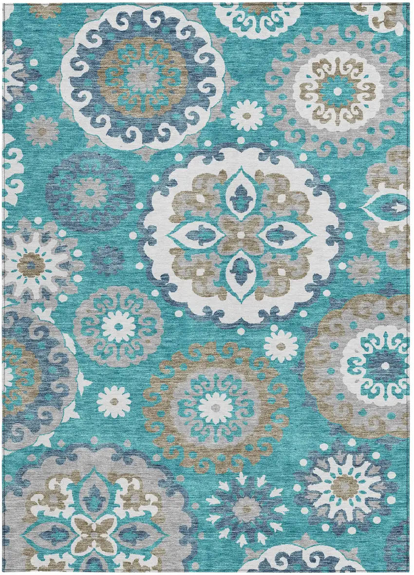 Teal Blue Taupe And Gray Floral Medallion Washable Indoor Outdoor Area Rug Photo 6