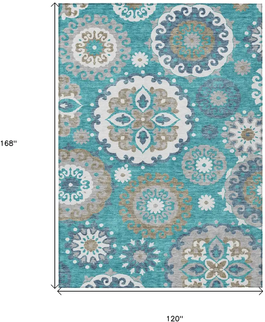Teal Blue Taupe And Gray Floral Medallion Washable Indoor Outdoor Area Rug Photo 3