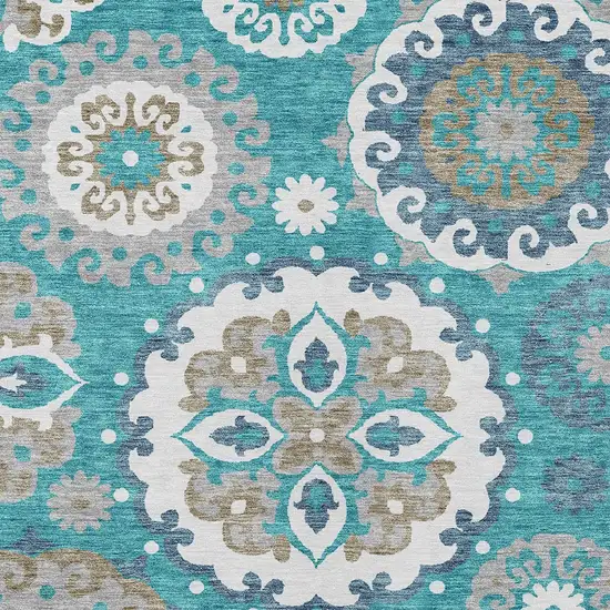 Teal Blue Taupe And Gray Floral Medallion Washable Indoor Outdoor Area Rug Photo 4