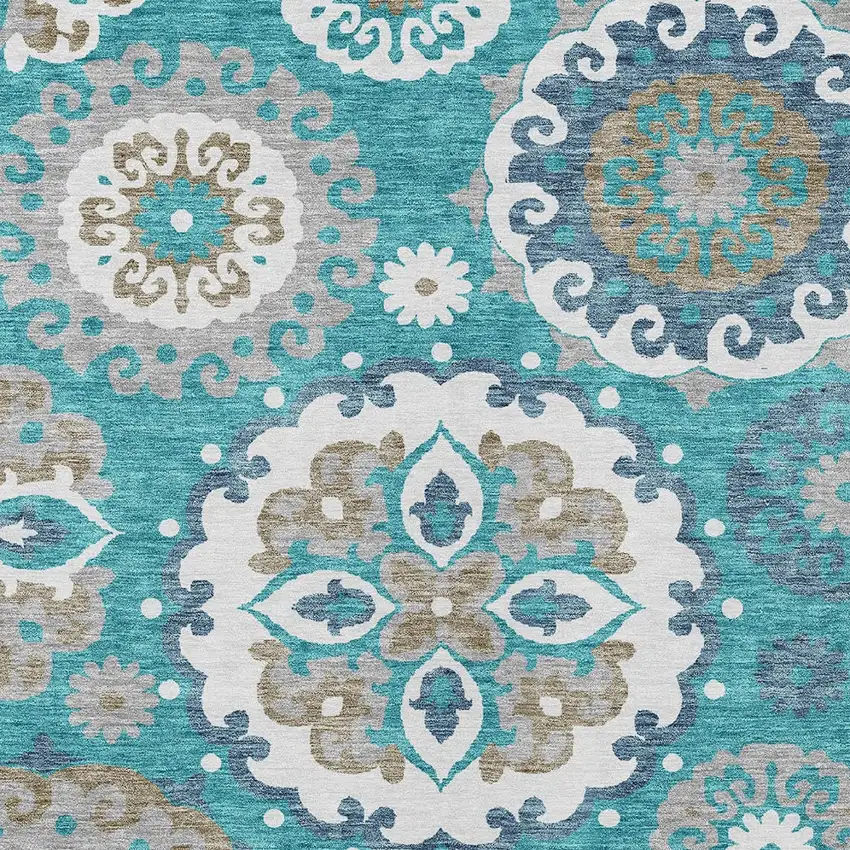 Teal Blue Taupe And Gray Floral Medallion Washable Indoor Outdoor Area Rug Photo 4