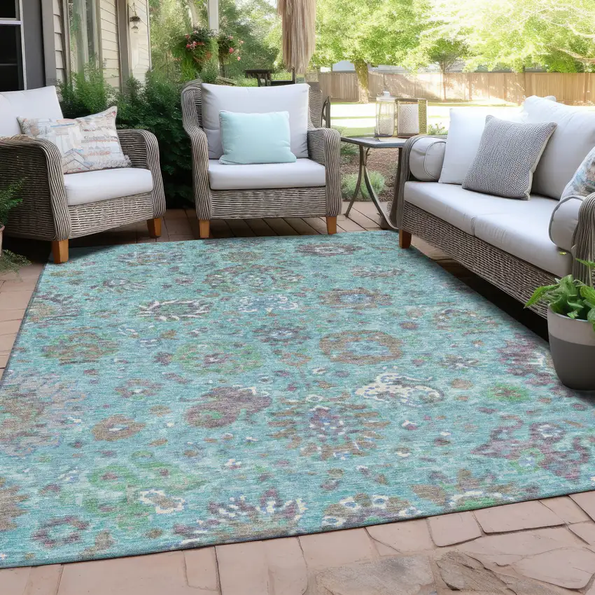 Teal Blue Taupe And Ivory Floral Washable Indoor Outdoor Area Rug Photo 5