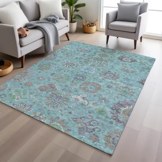 Teal Blue Taupe And Ivory Floral Washable Indoor Outdoor Area Rug Photo 6