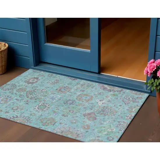 Teal Blue Taupe And Ivory Floral Washable Indoor Outdoor Area Rug Photo 2