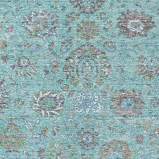 Teal Blue Taupe And Ivory Floral Washable Indoor Outdoor Area Rug Photo 3
