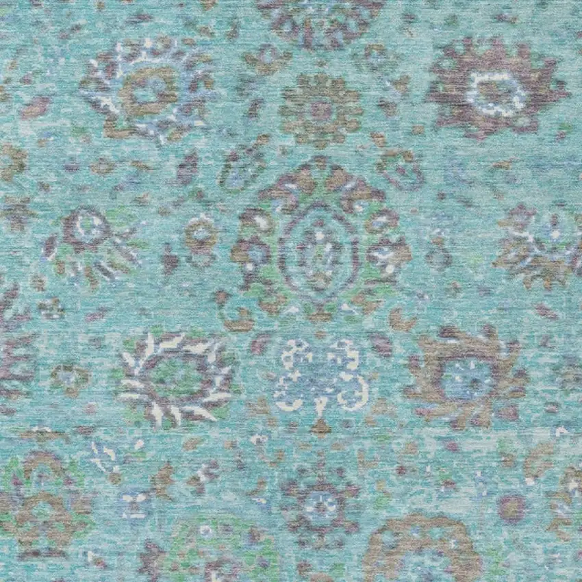 Teal Blue Taupe And Ivory Floral Washable Indoor Outdoor Area Rug Photo 3