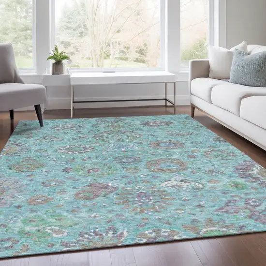 Teal Blue Taupe And Ivory Floral Washable Indoor Outdoor Area Rug Photo 7
