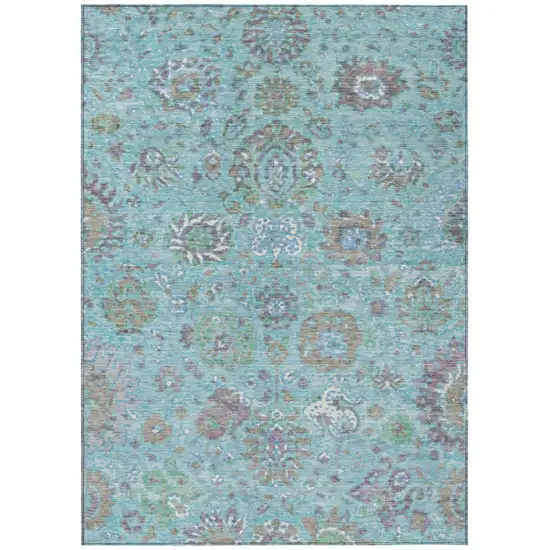 Teal Blue Taupe And Ivory Floral Washable Indoor Outdoor Area Rug Photo 1
