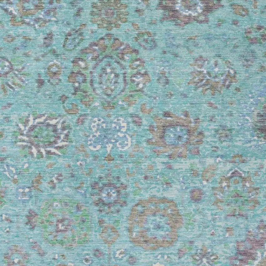 Teal Blue Taupe And Ivory Floral Washable Indoor Outdoor Area Rug Photo 3