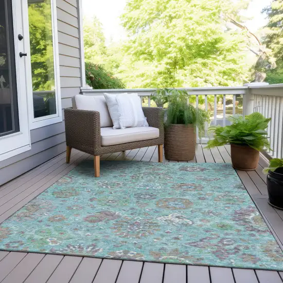 Teal Blue Taupe And Ivory Floral Washable Indoor Outdoor Area Rug Photo 8