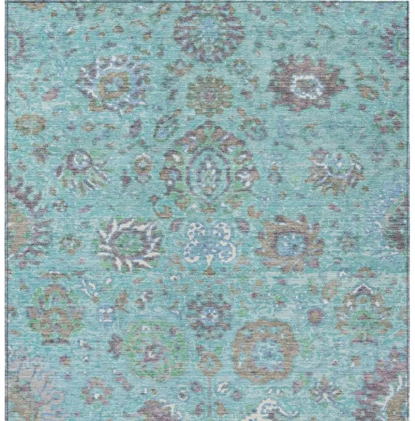 Teal Blue Taupe And Ivory Floral Washable Indoor Outdoor Area Rug Photo 3