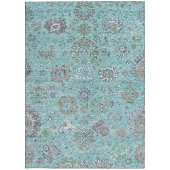 Teal Blue Taupe And Ivory Floral Washable Indoor Outdoor Area Rug Photo 3