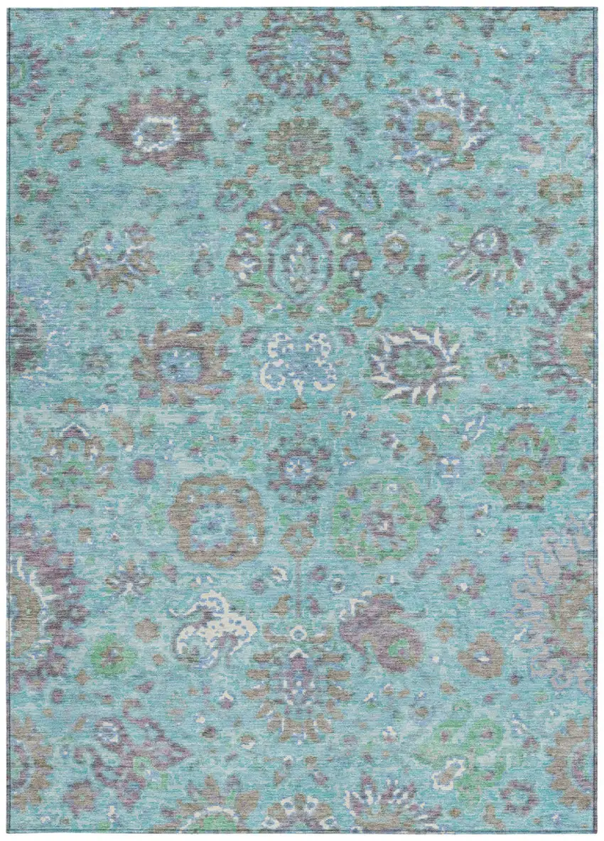 Teal Blue Taupe And Ivory Floral Washable Indoor Outdoor Area Rug Photo 3
