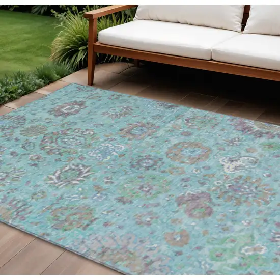 Teal Blue Taupe And Ivory Floral Washable Indoor Outdoor Area Rug Photo 2