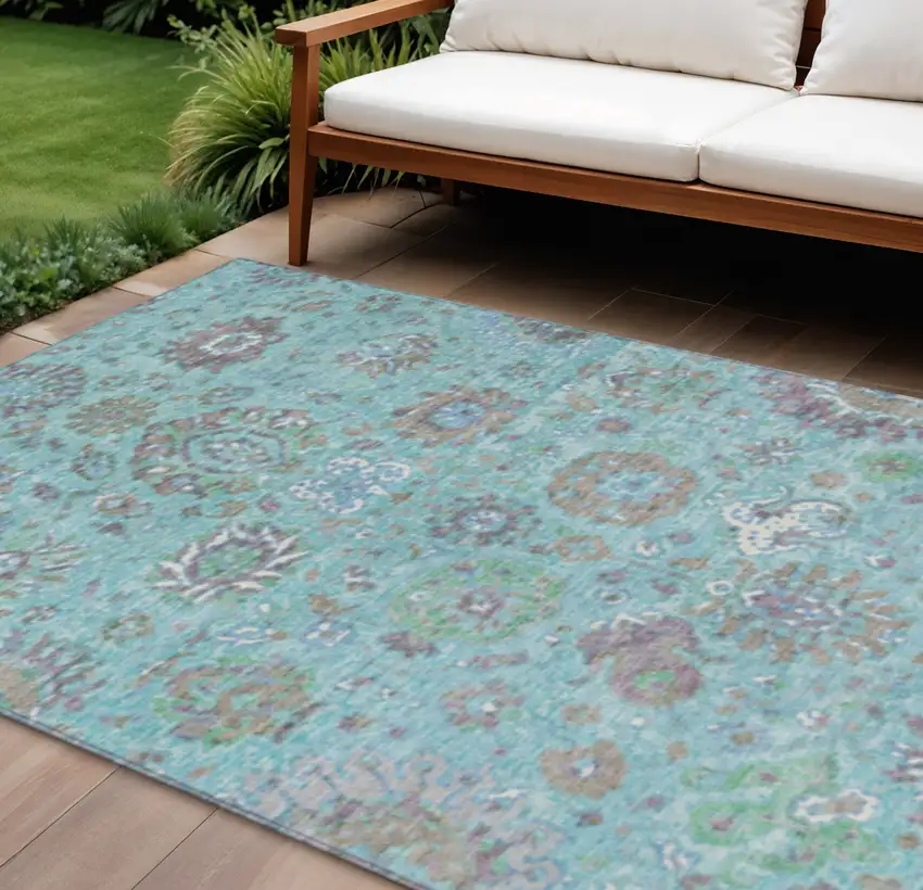 Teal Blue Taupe And Ivory Floral Washable Indoor Outdoor Area Rug Photo 2