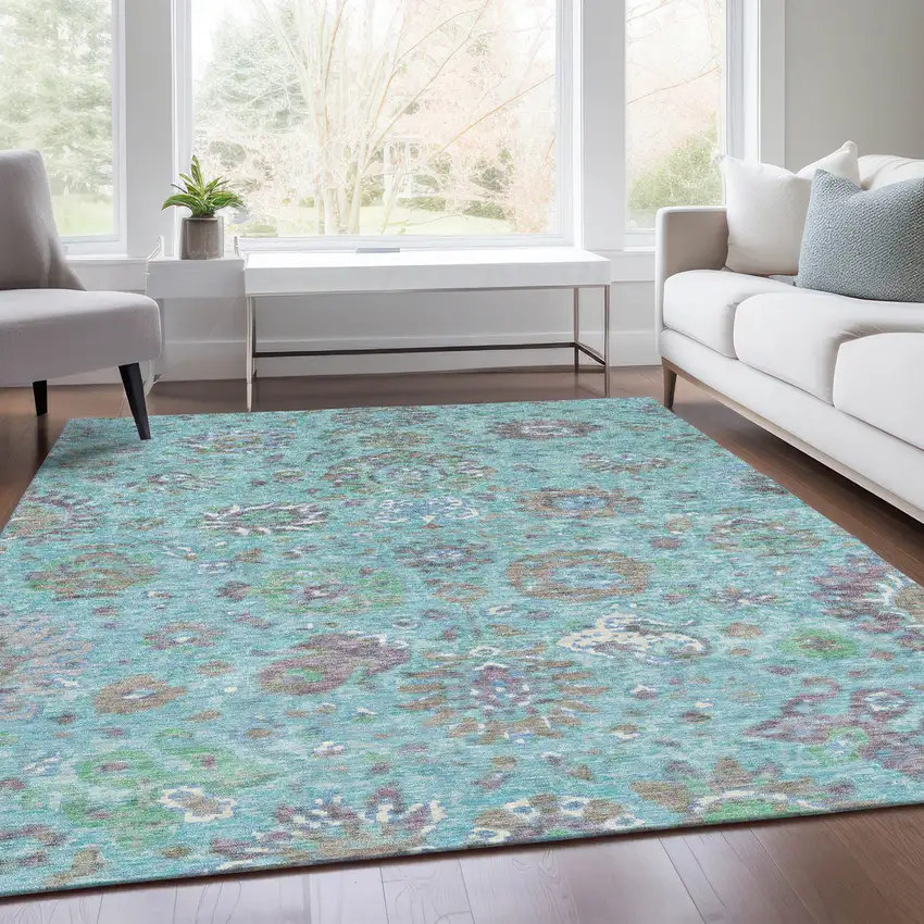 Teal Blue Taupe And Ivory Floral Washable Indoor Outdoor Area Rug Photo 7