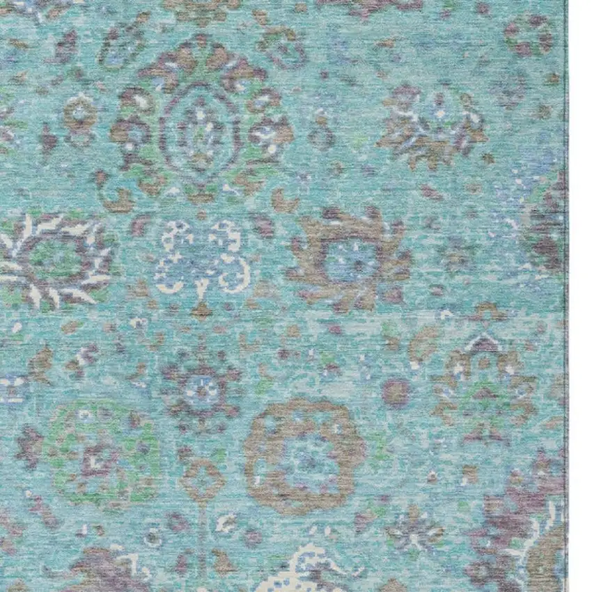 Teal Blue Taupe And Ivory Floral Washable Indoor Outdoor Area Rug Photo 4