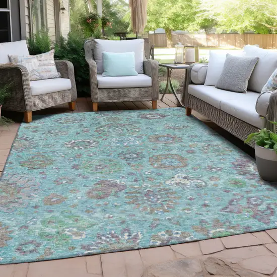 Teal Blue Taupe And Ivory Floral Washable Indoor Outdoor Area Rug Photo 5