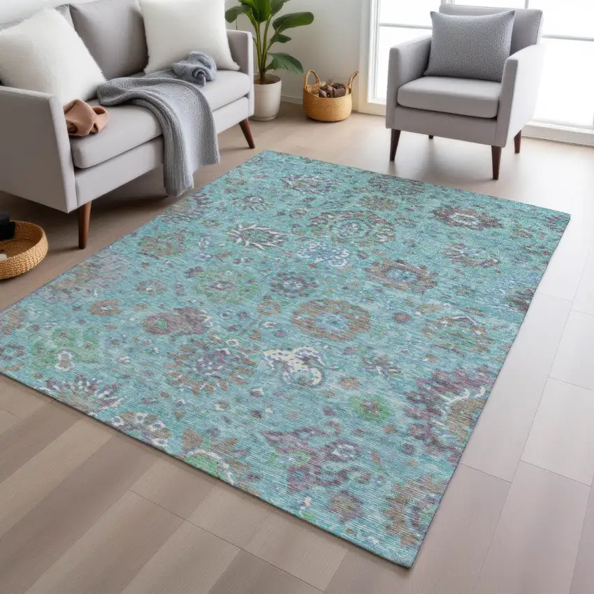 Teal Blue Taupe And Ivory Floral Washable Indoor Outdoor Area Rug Photo 6