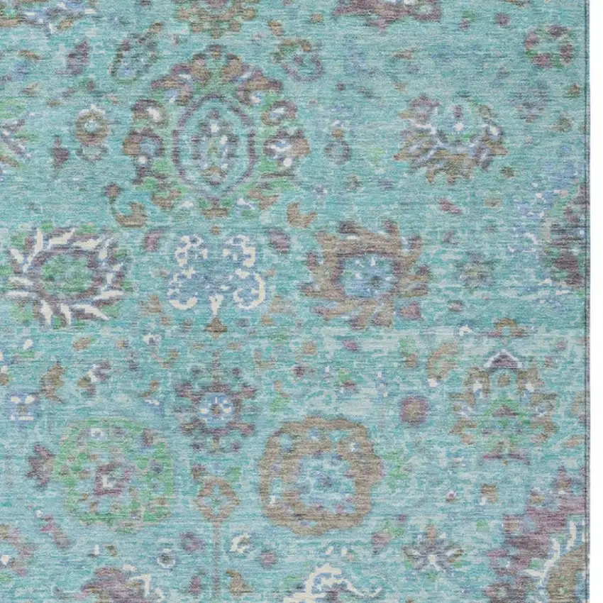 Teal Blue Taupe And Ivory Floral Washable Indoor Outdoor Area Rug Photo 4