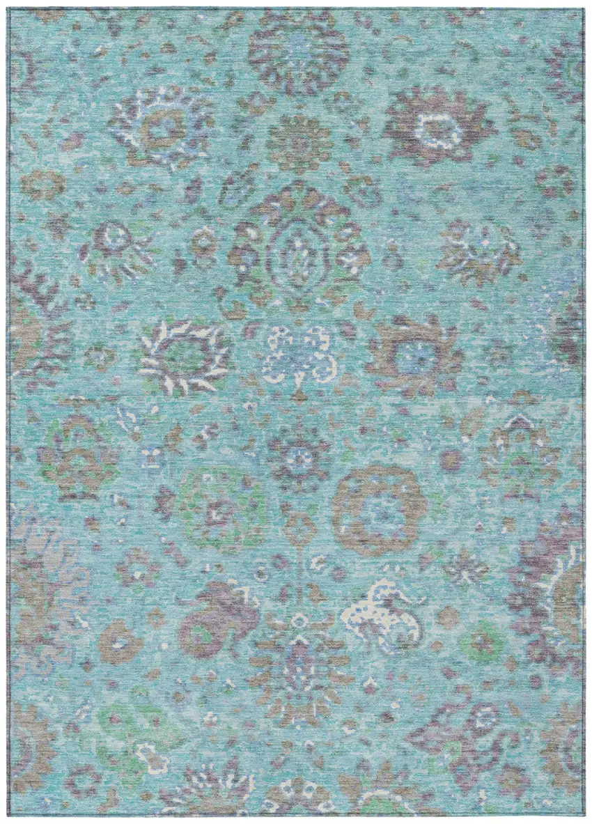 Teal Blue Taupe And Ivory Floral Washable Indoor Outdoor Area Rug Photo 1