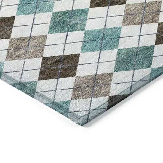 Teal Blue Taupe And Ivory Geometric Washable Indoor Outdoor Area Rug Photo 6