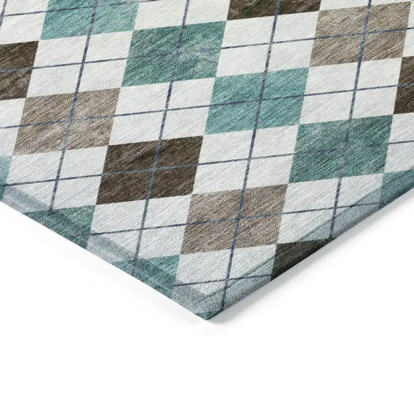 Teal Blue Taupe And Ivory Geometric Washable Indoor Outdoor Area Rug Photo 6