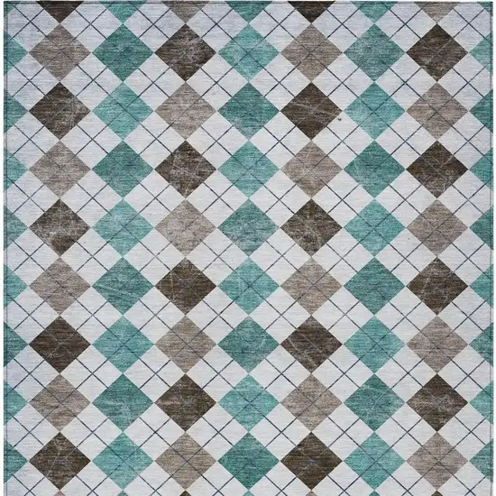 Teal Blue Taupe And Ivory Geometric Washable Indoor Outdoor Area Rug Photo 5